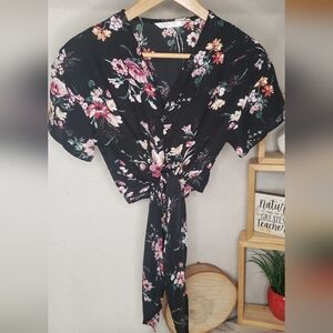 Floral Tie-Front Blouse - Black and Pink
